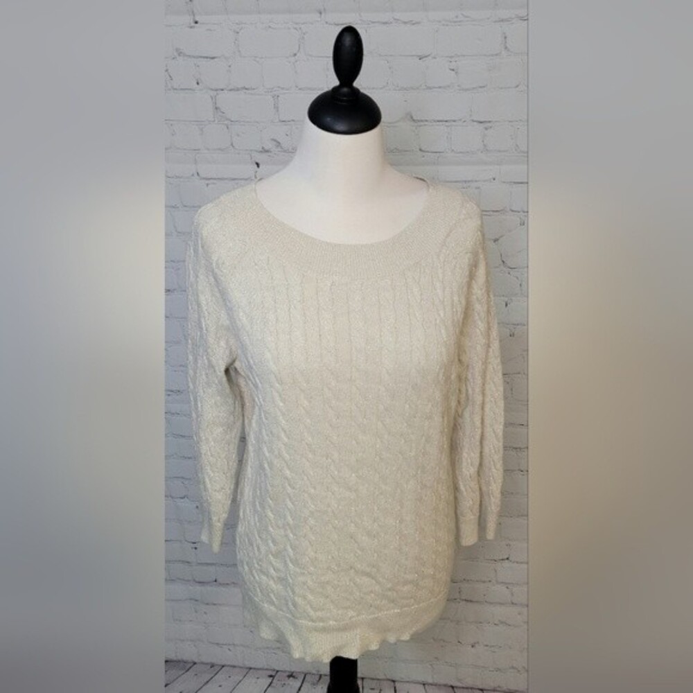 Loft Sz L Cream Sparkles Cable Knit Sweater Scoop Neck Ribbed Texture 3/4 Sleeve